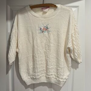 Vintage Functionals knit floral 3/4 sleeve light sweater blouse 90s white L/XL